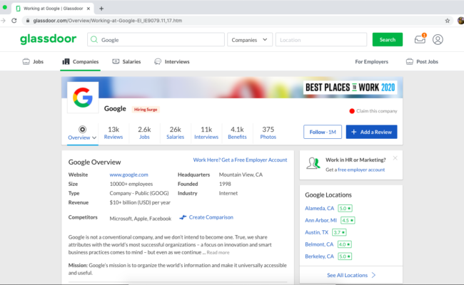 Google's Glassdoor Reviews