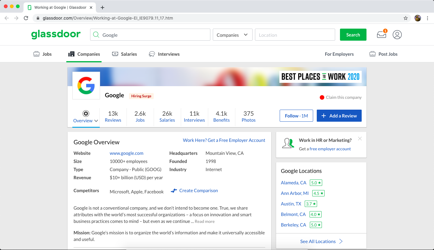Google's Glassdoor Reviews